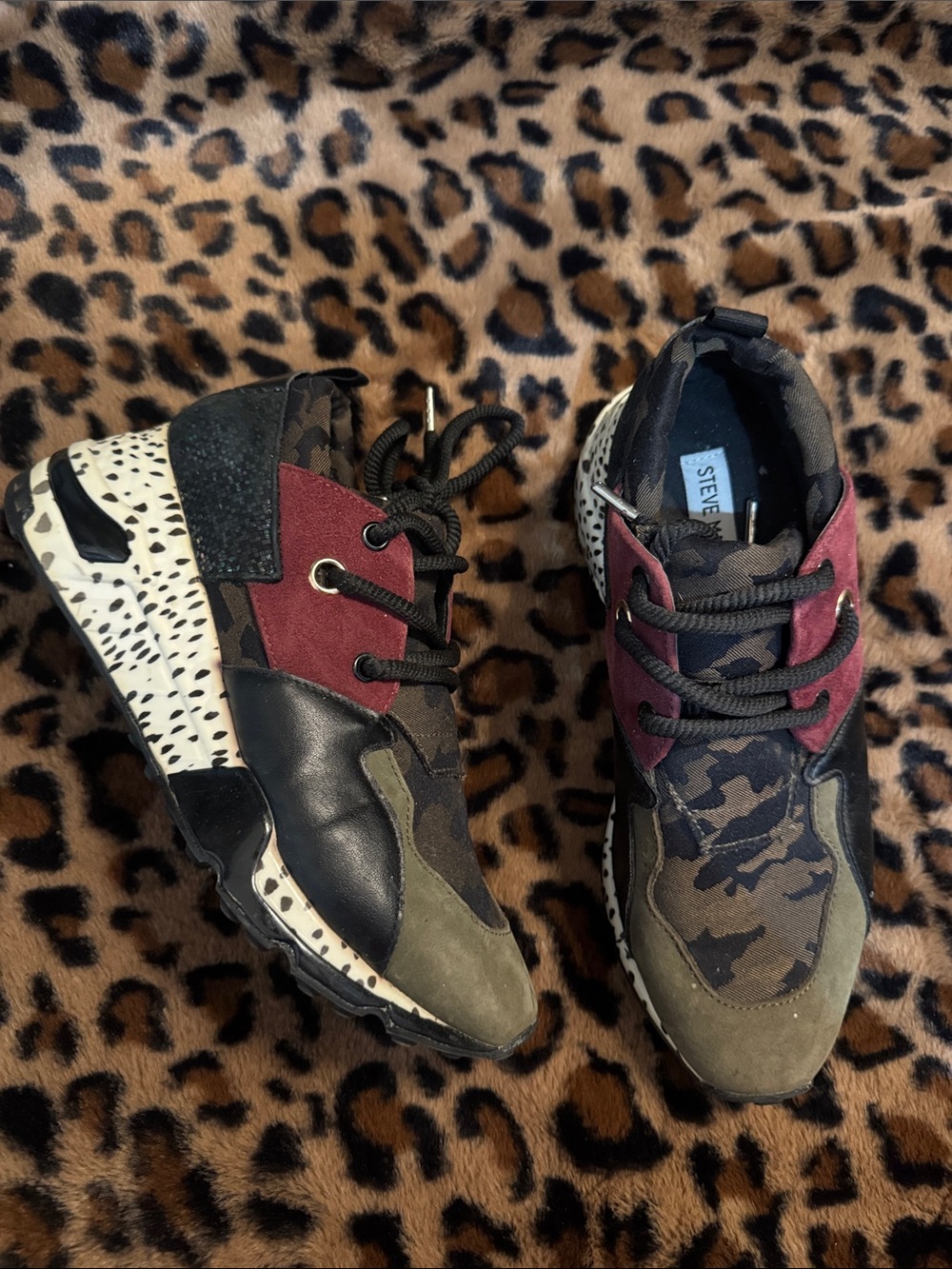 Steve Madden Mixed-Material Camo & Olive Sneaker with Burgundy Accents